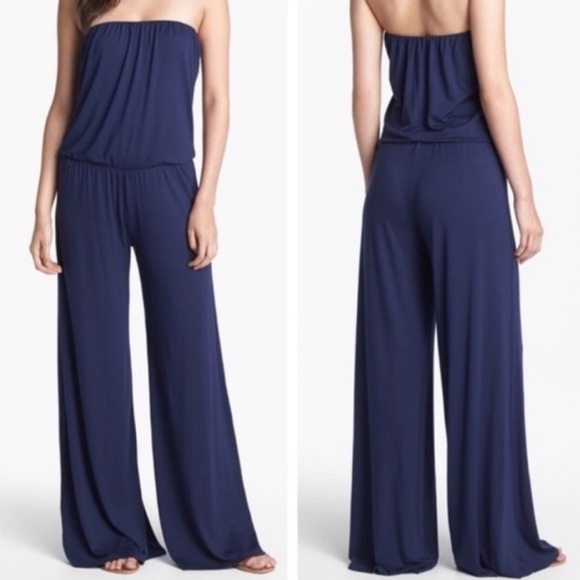 Tart navy Wide Leg strapless Jumpsuit elastic Waist/neckline modal cotton sz xs - Picture 1 of 6